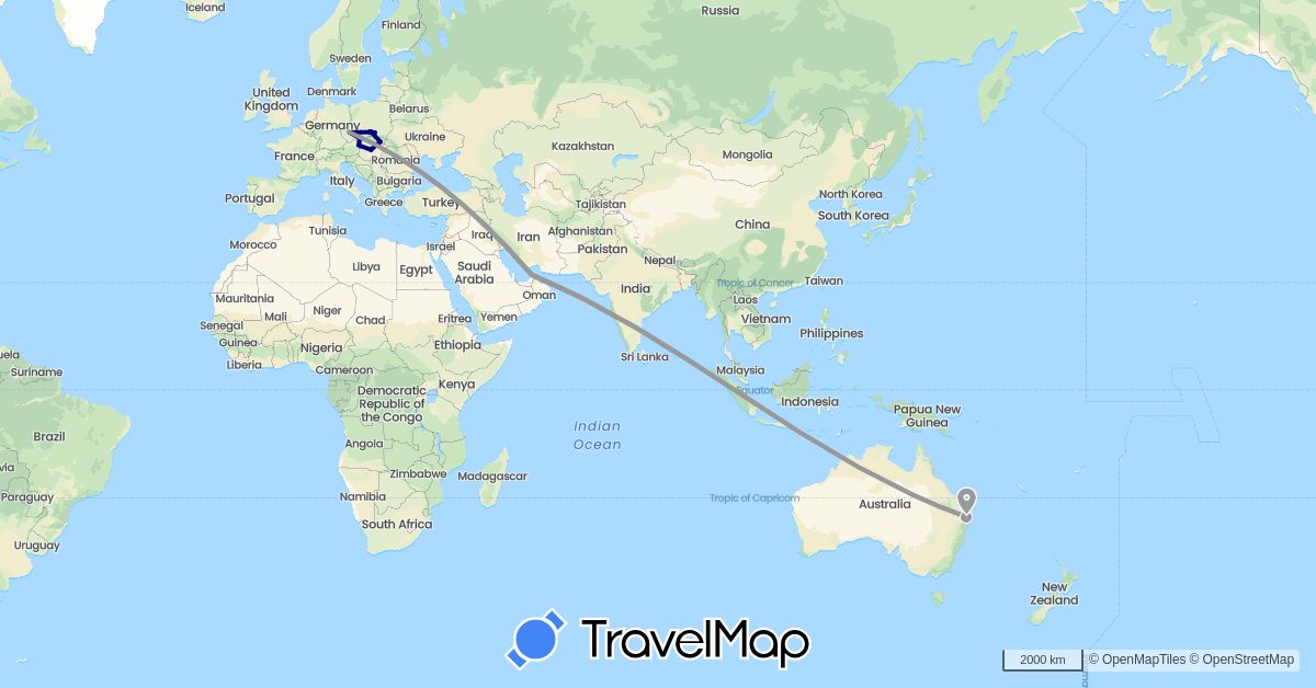TravelMap itinerary: driving, plane in United Arab Emirates, Austria, Australia, Czech Republic, Hungary, Poland, Slovakia (Asia, Europe, Oceania)